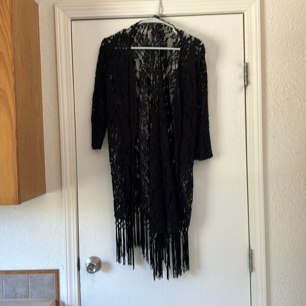Black lace cover up cardigan with fringe
